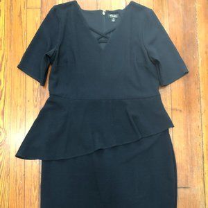 Thalia Sodi Black Asymetrical Peplum Criss-Cross V Neckline Midi Dress Size 18